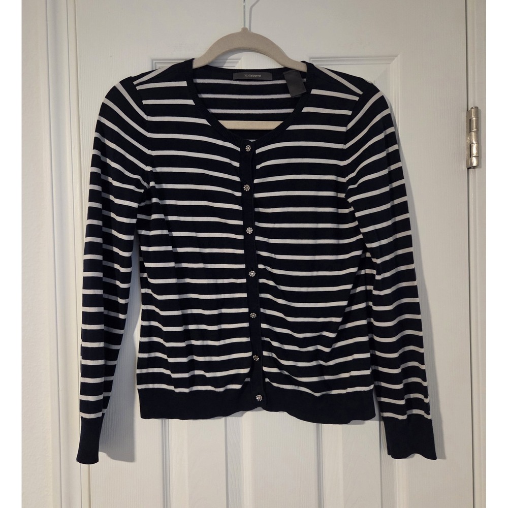 Liz Claiborne Cardigan Sweater Womens Navy Blue White Striped Crew Neck S Preppy